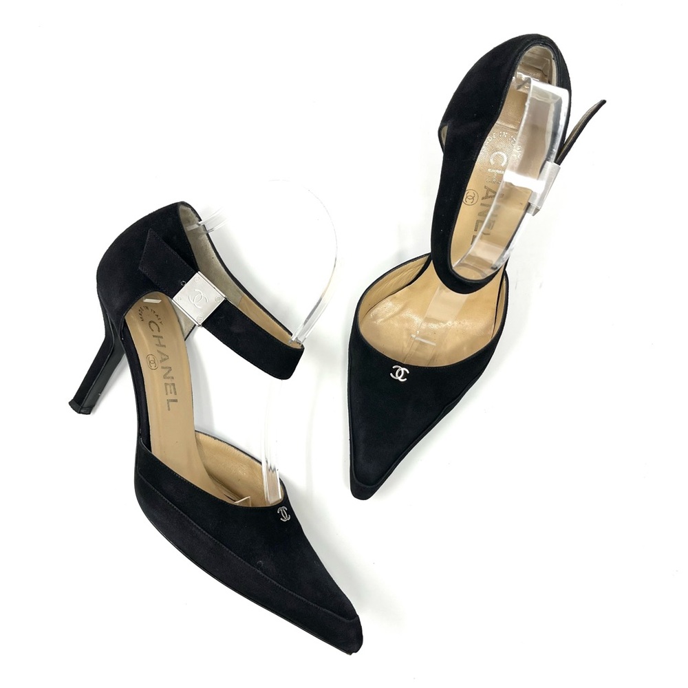 Vintage Chanel Black Suede Silver CC Logo High Heels Pumps Shoes 38.5 8.5 - Picture 2 of 13